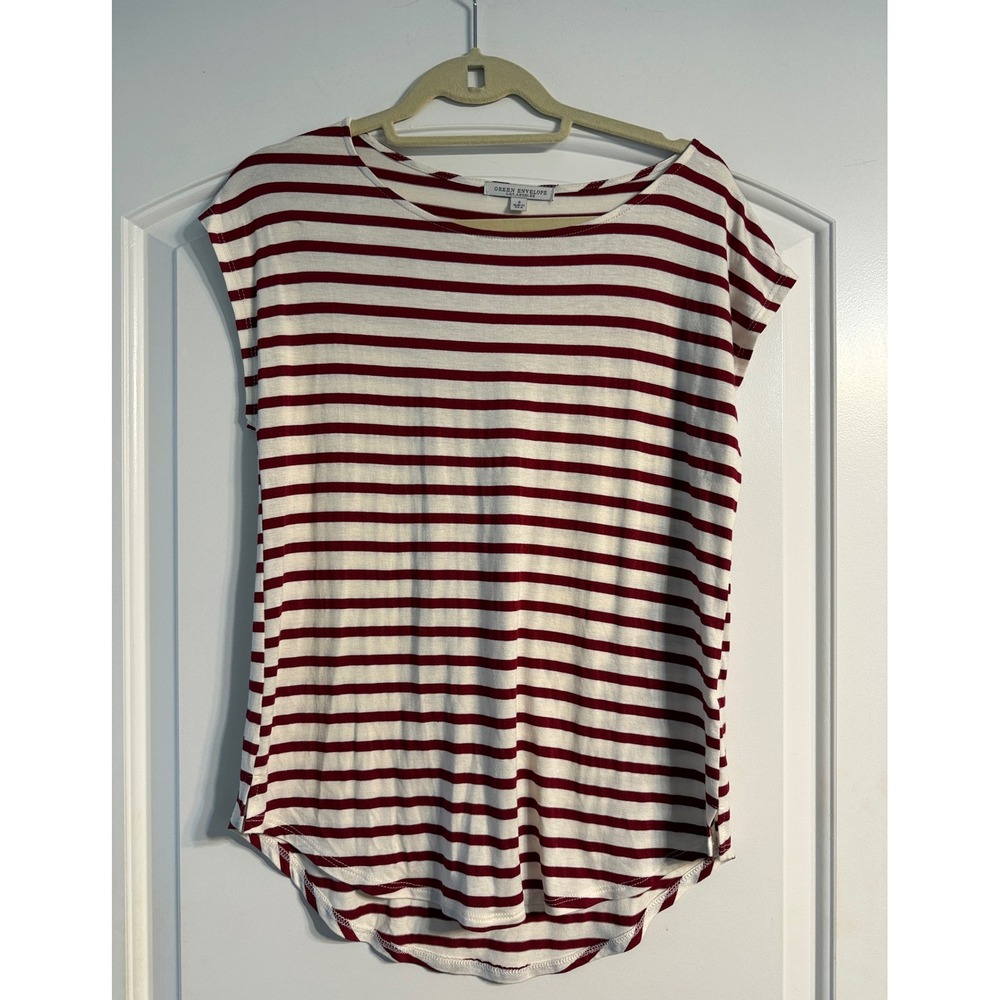 Green Envelope Striped Top S Burgundy White Cap Sleeve Tee Nautical Parisian